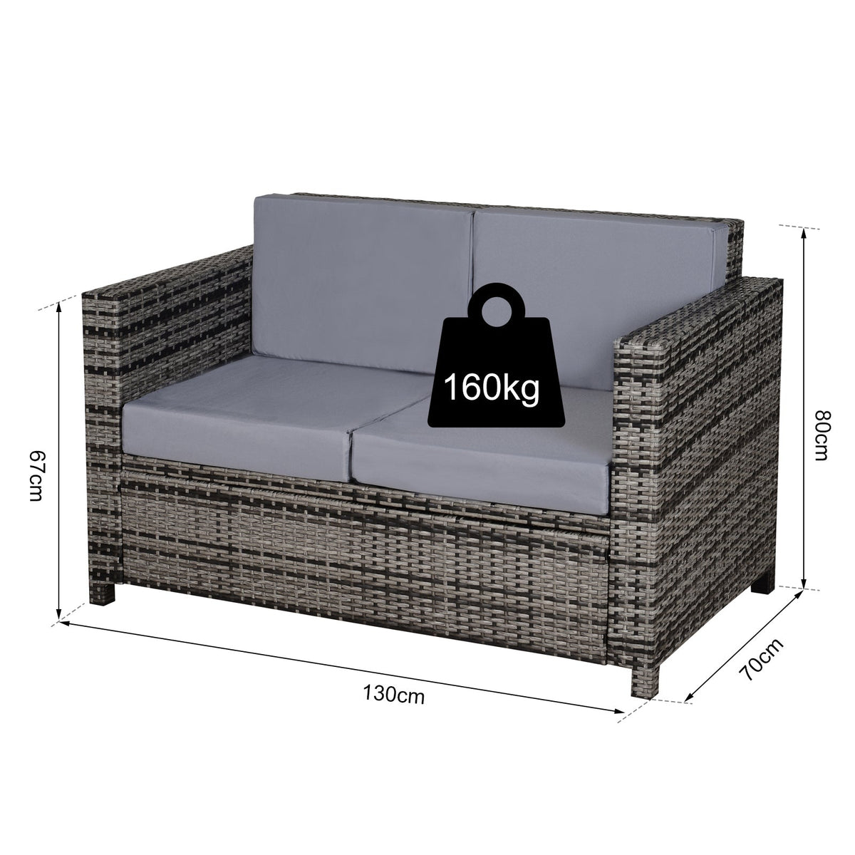 Rattan Wicker 2-seat Sofa Loveseat Padded Garden Furniture Grey