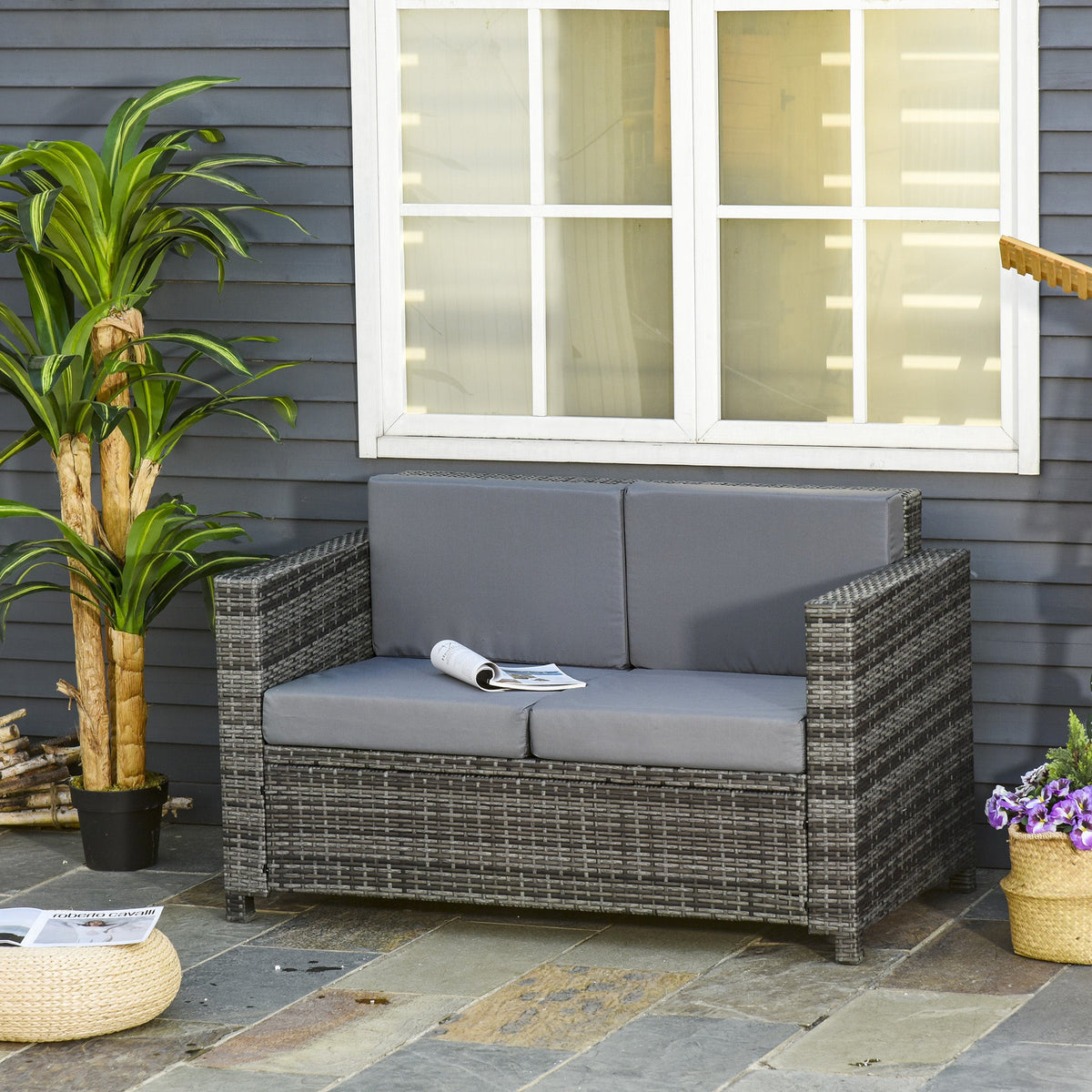 Rattan Wicker 2-seat Sofa Loveseat Padded Garden Furniture Grey