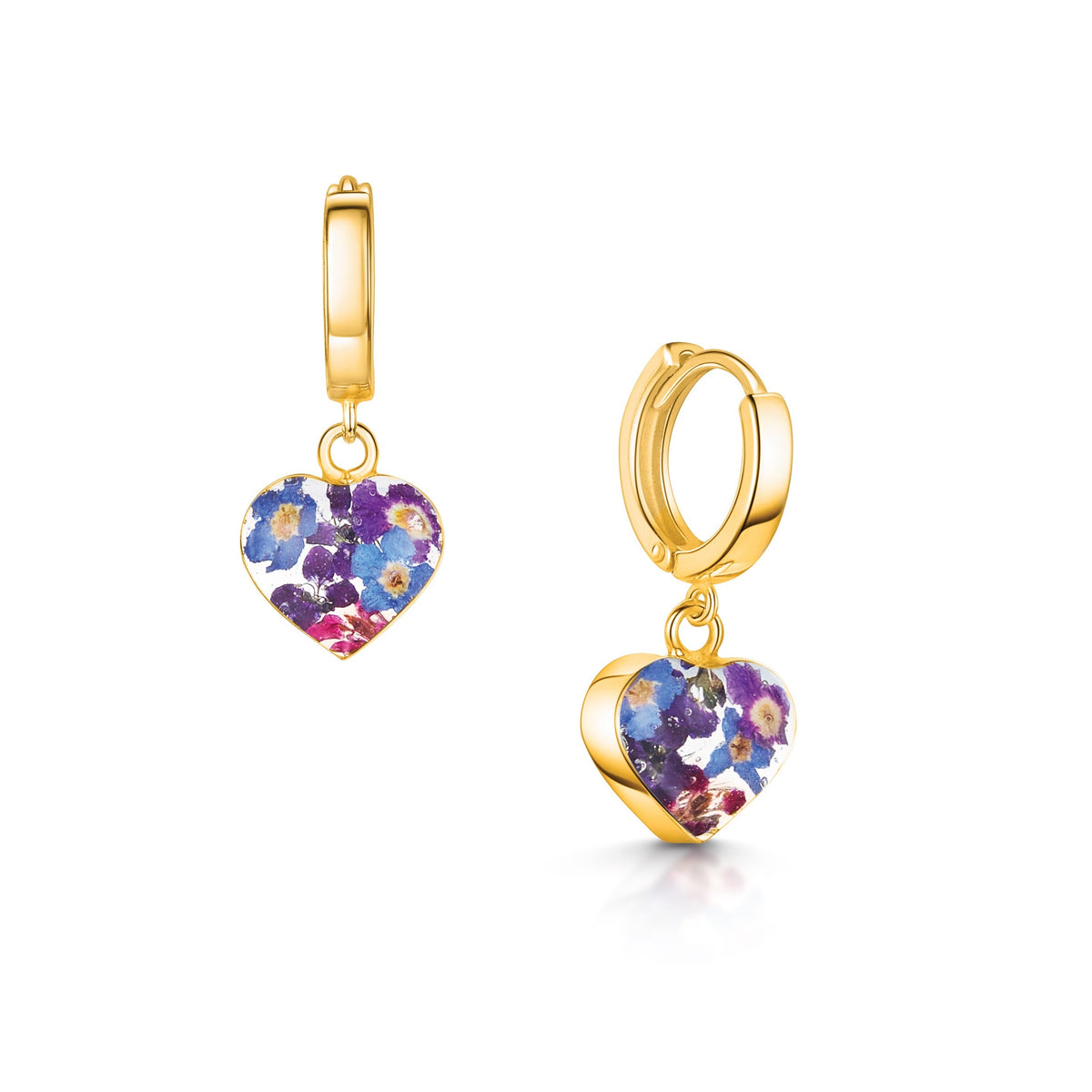 Purple Flower Huggie Earrings - Heart Gold-plated Silver