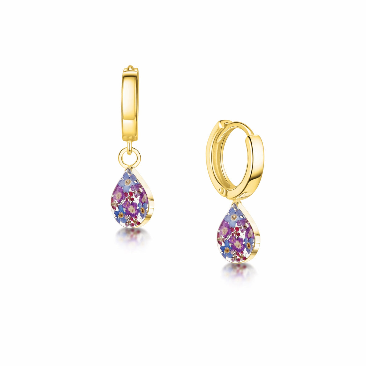 Purple Flower Huggie Earrings - Teardrop Gold-plated Silver
