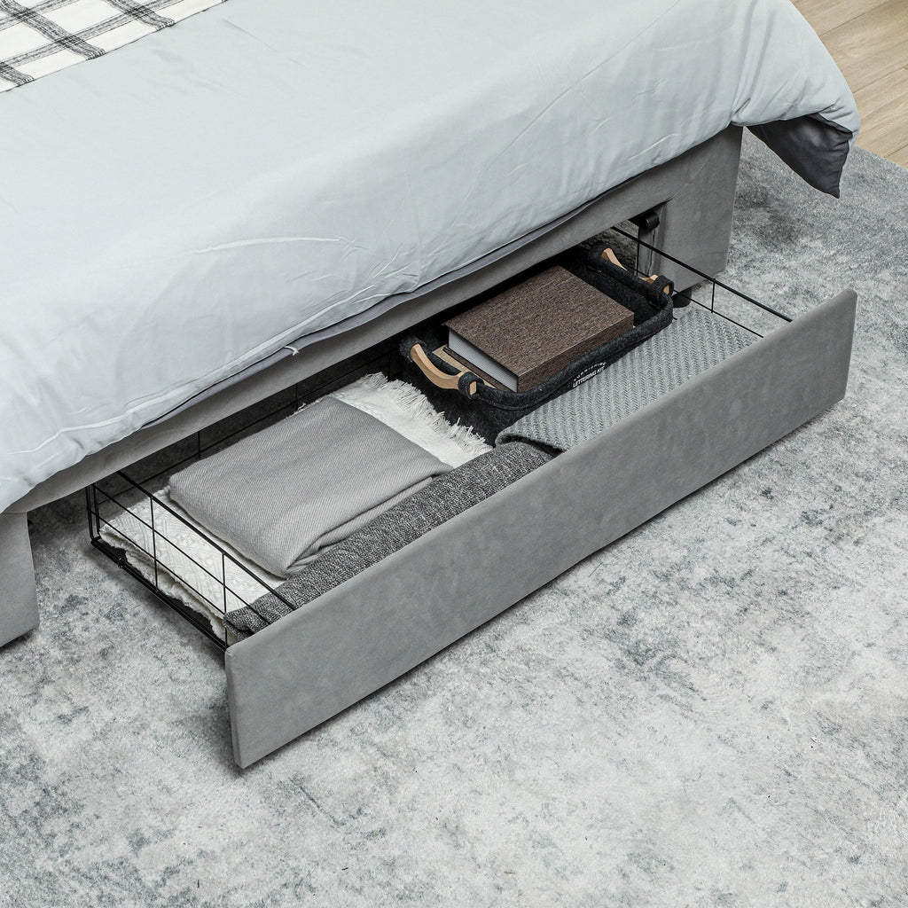 Double Bed Frame with Storage and Adjustable Velvet Headboard