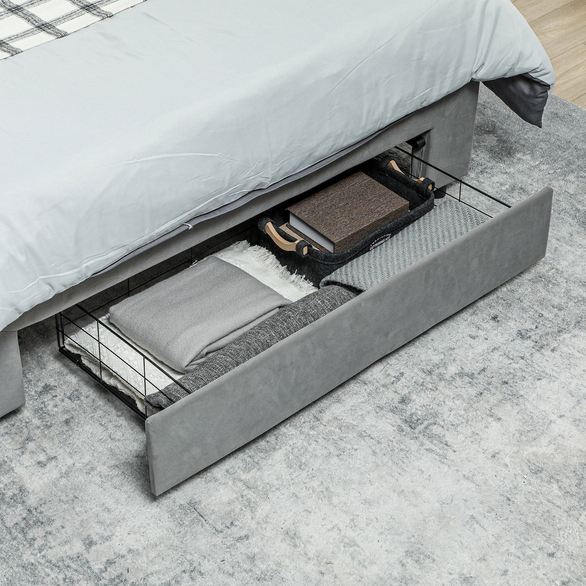 Double Bed Frame with Storage and Adjustable Velvet Headboard