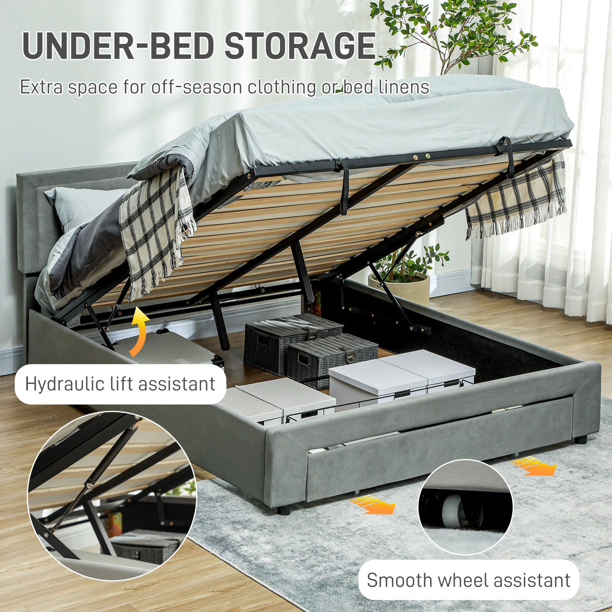 Double Bed Frame with Storage and Adjustable Velvet Headboard