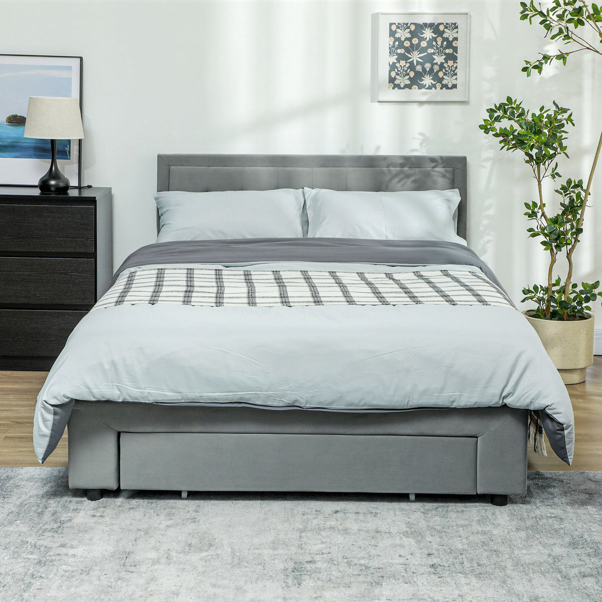 Double Bed Frame with Storage and Adjustable Velvet Headboard