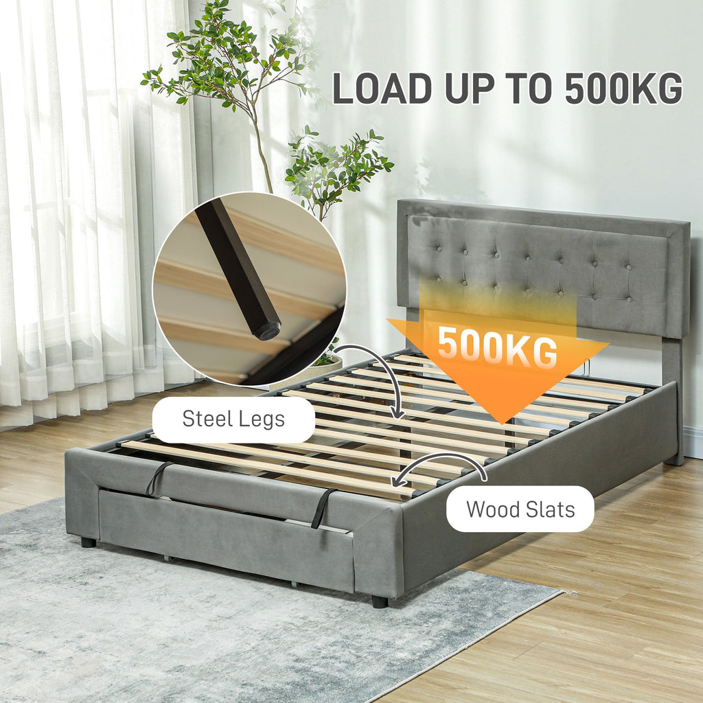 Double Bed Frame with Storage and Adjustable Velvet Headboard