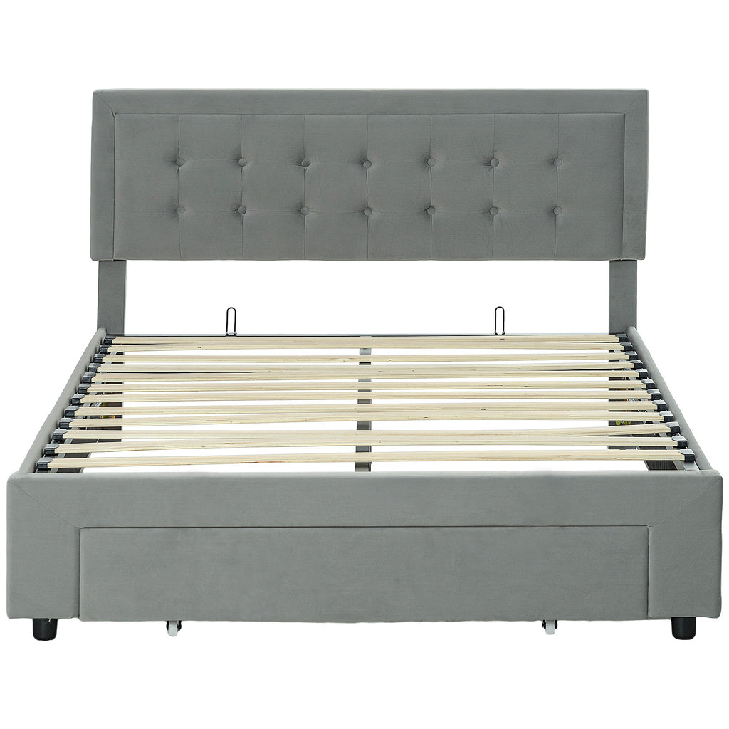 Double Bed Frame with Storage and Adjustable Velvet Headboard 140W x 193.5D x 95 104Hcm
