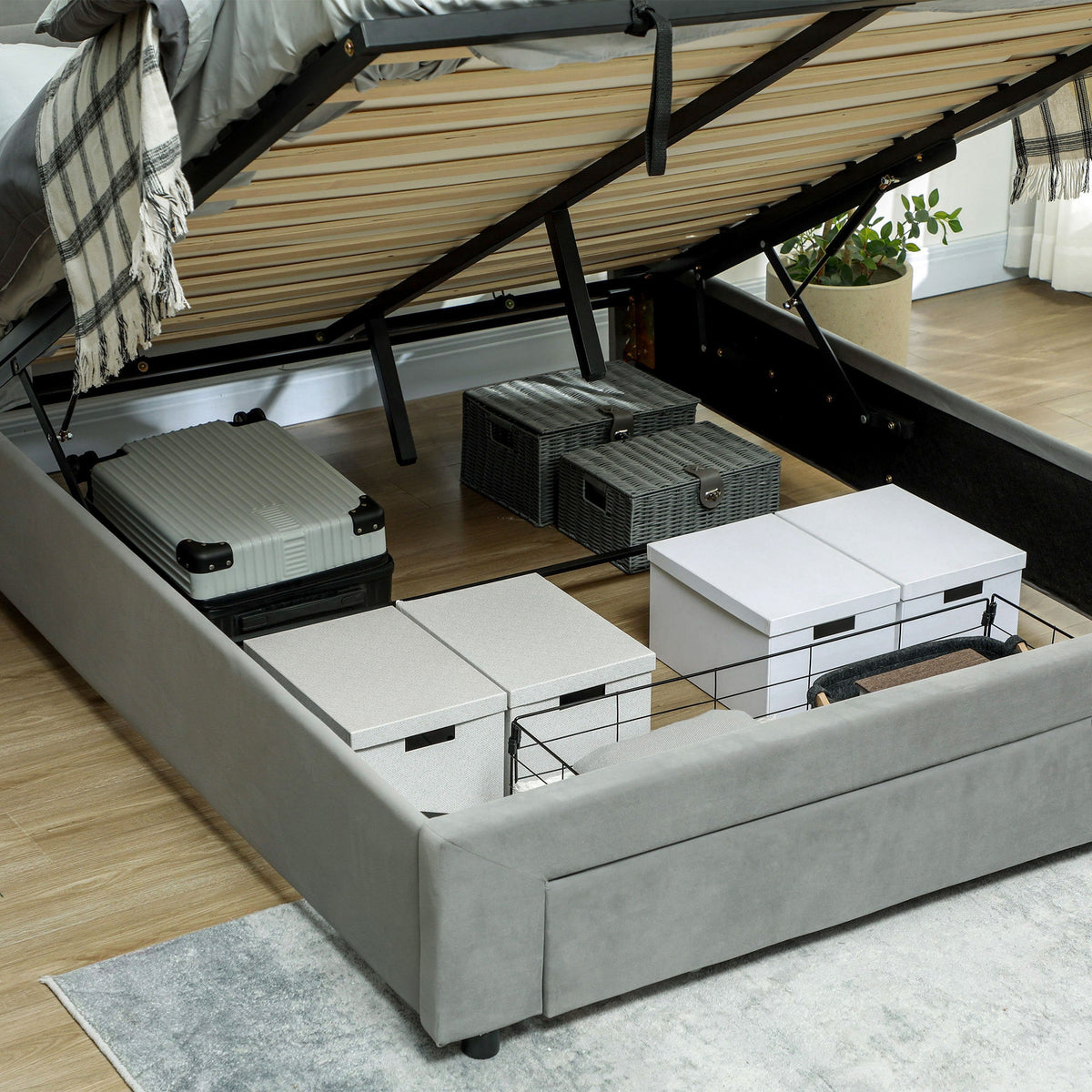 Double Bed Frame with Storage and Adjustable Velvet Headboard