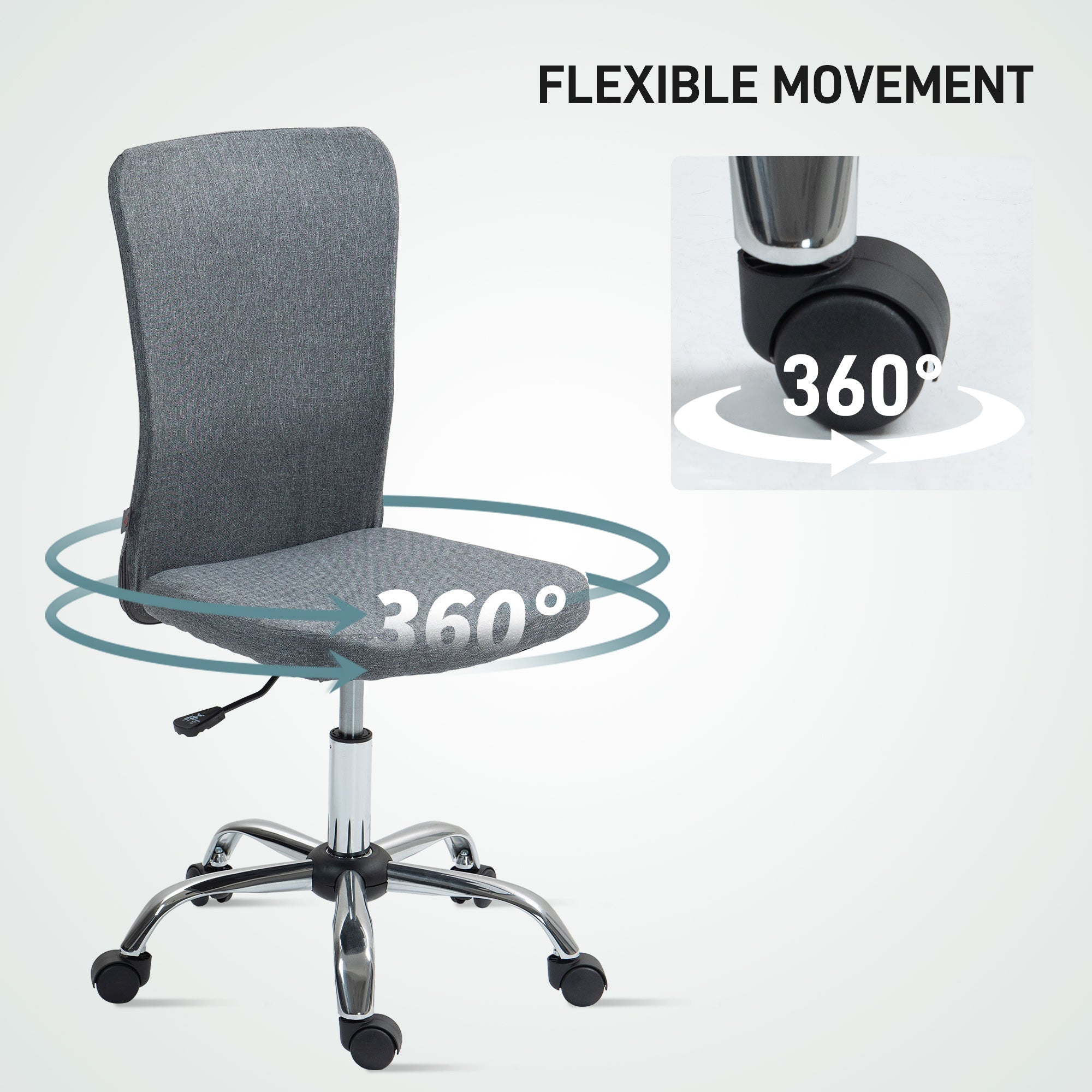 Armless Computer Desk Chair, Fabric Swivel Office Chair, Makeup Vanity Chair with Height Adjustable, Wheels, for Home Study Bedroom, Grey