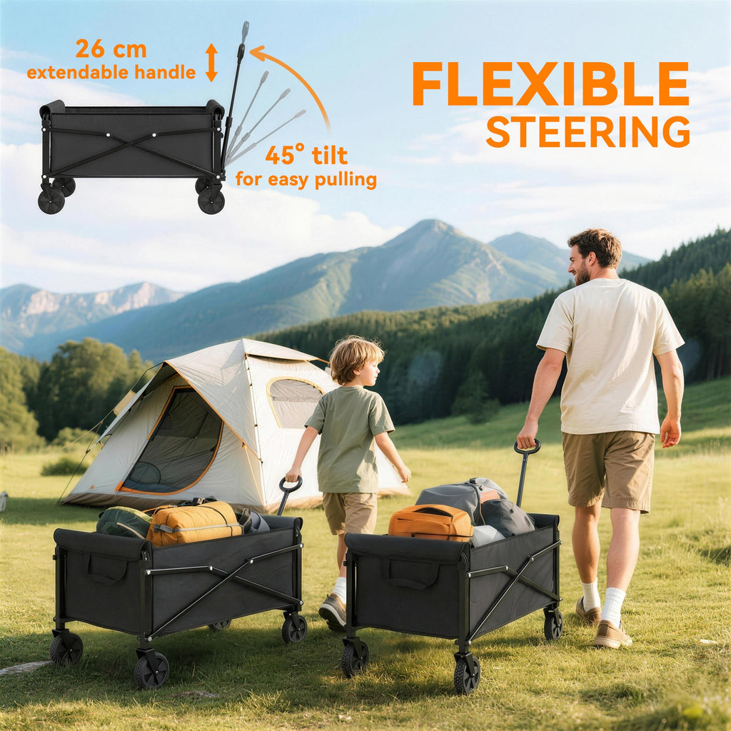 80L Festival Trolley on Wheels, Compact Garden Folding Trolley Cart with Adjustable Handle, Black