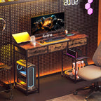 120cm Computer Desk with Power Outlets, Office Desk Study Table with 3 Fabric Drawers and 4 Storage Shelves, Rustic Brown