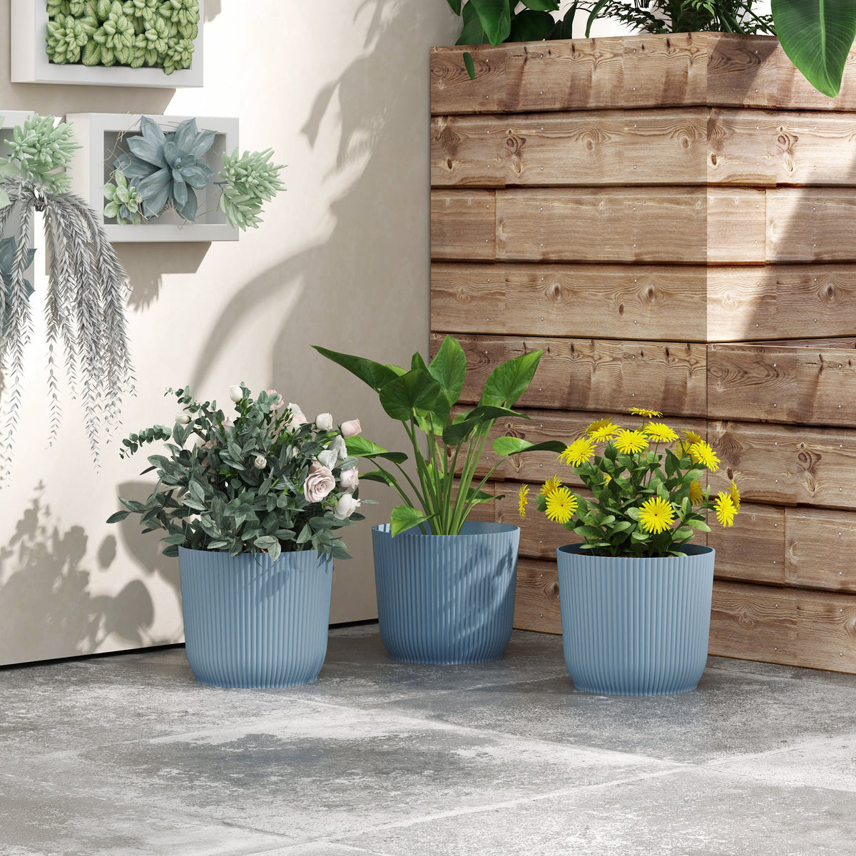 Set of 3 Round Plant Pots Outdoor 22cm for Garden Decoration, Blue