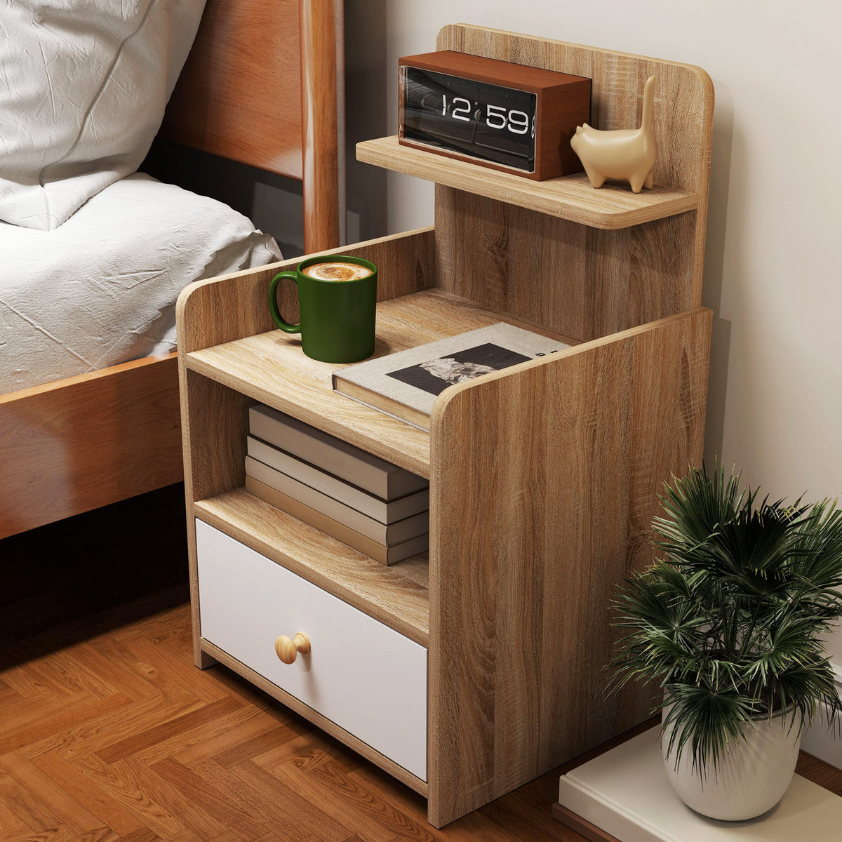 Bedside Table with Drawer for Bedroom, Living Room, Natural Wood Effect