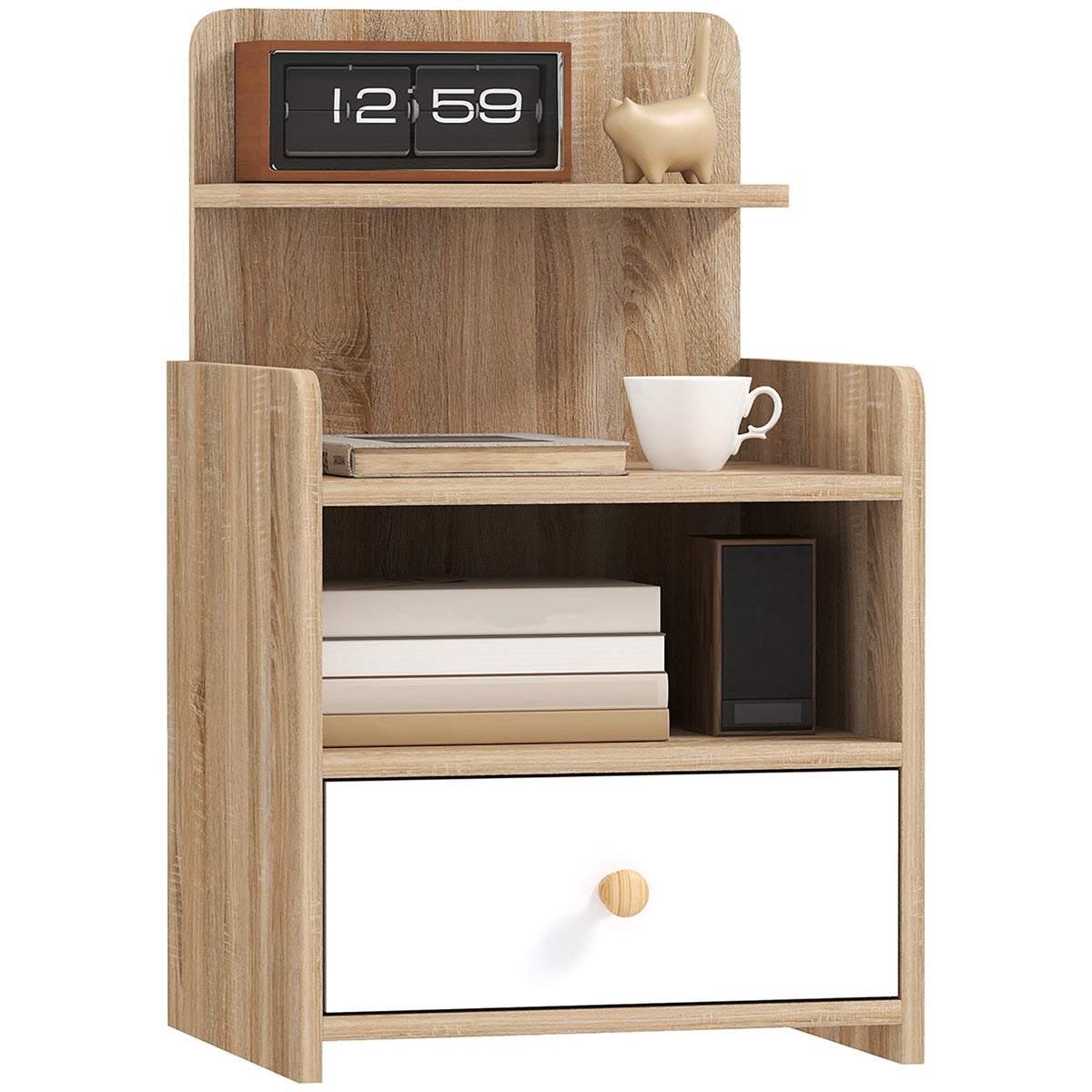 Bedside Table with Drawer for Bedroom, Living Room, Natural Wood Effect