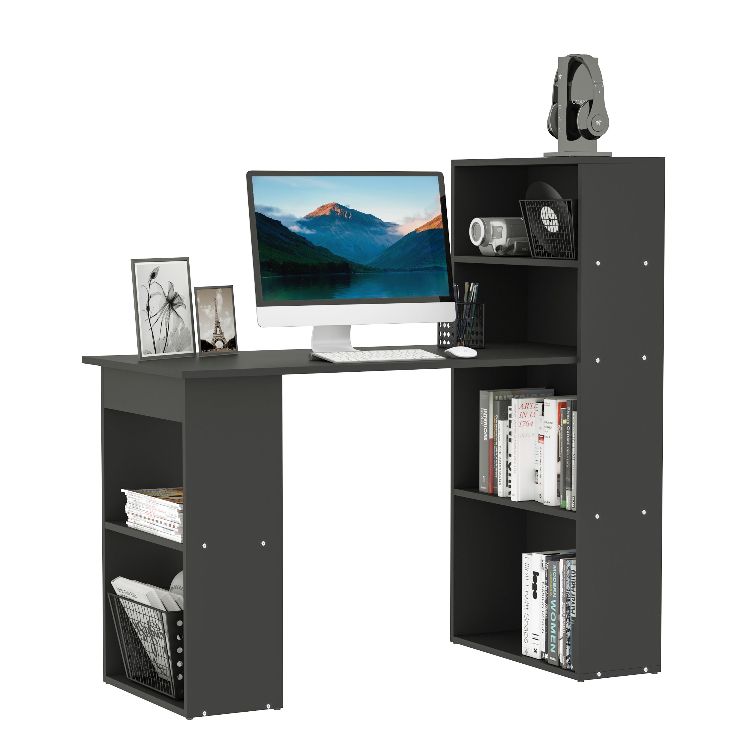 120cm Modern Computer Desk Bookshelf Study Table Workstation PC Laptop Writing Home Office 6 Shelves, Black Black