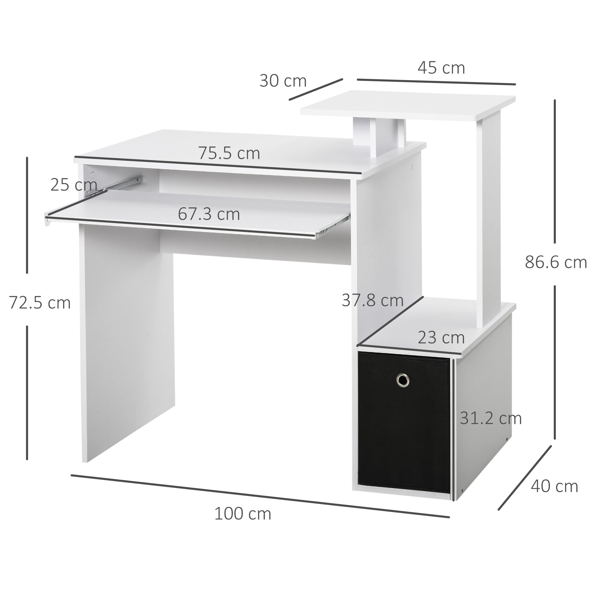 Computer Desk with Sliding Keyboard Tray, Storage Drawer and Shelf, Home Office Workstation, White