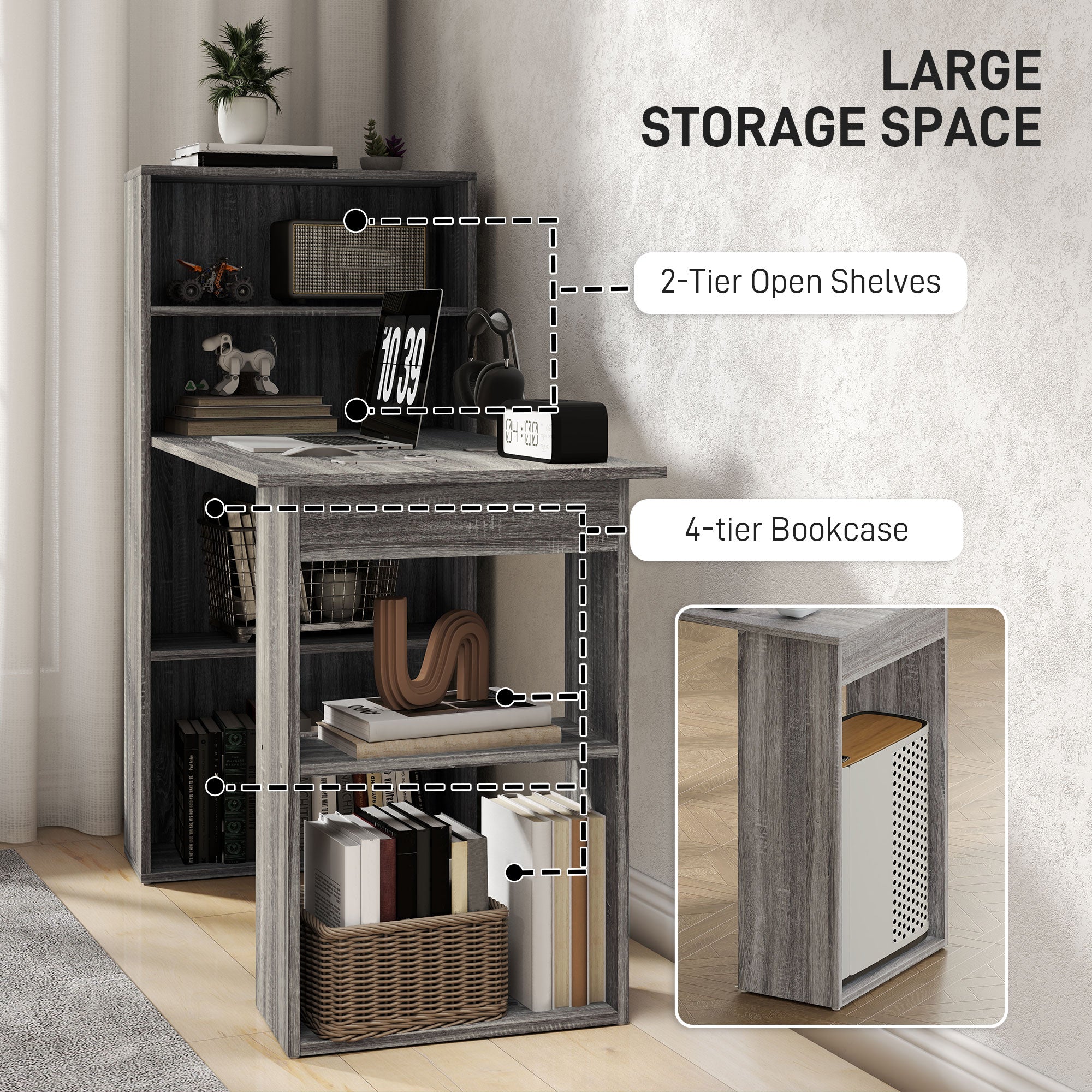 120cm Modern Computer Desk Bookshelf Study Table Workstation PC Laptop Writing Home Office 6 Shelves, Grey Wood-Effect