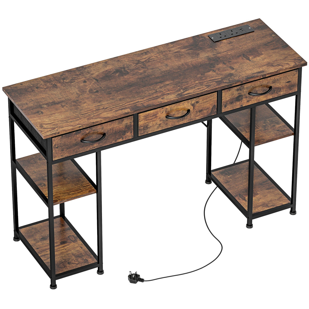 120cm Computer Desk with Power Outlets, Office Desk Study Table with 3 Fabric Drawers and 4 Storage Shelves, Rustic Brown