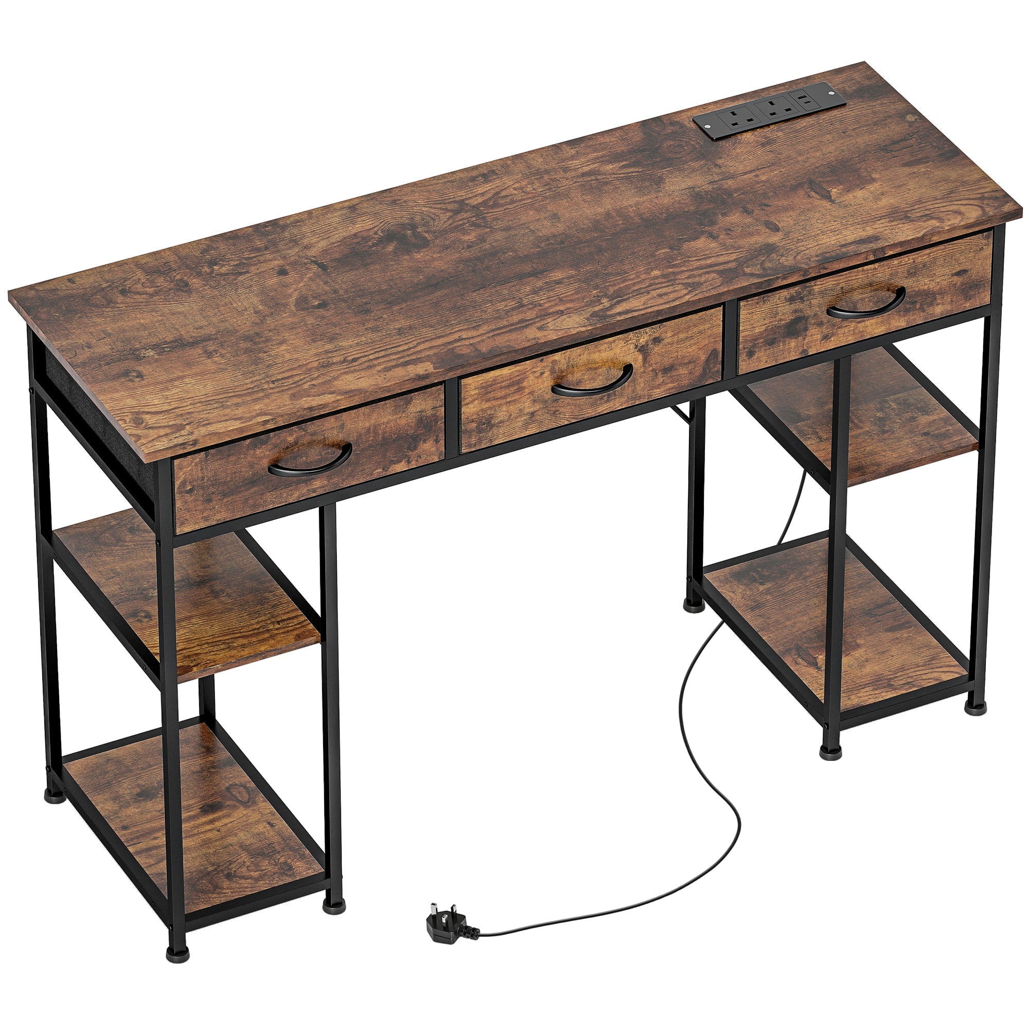 120cm Computer Desk with Power Outlets, Office Desk Study Table with 3 Fabric Drawers and 4 Storage Shelves, Rustic Brown