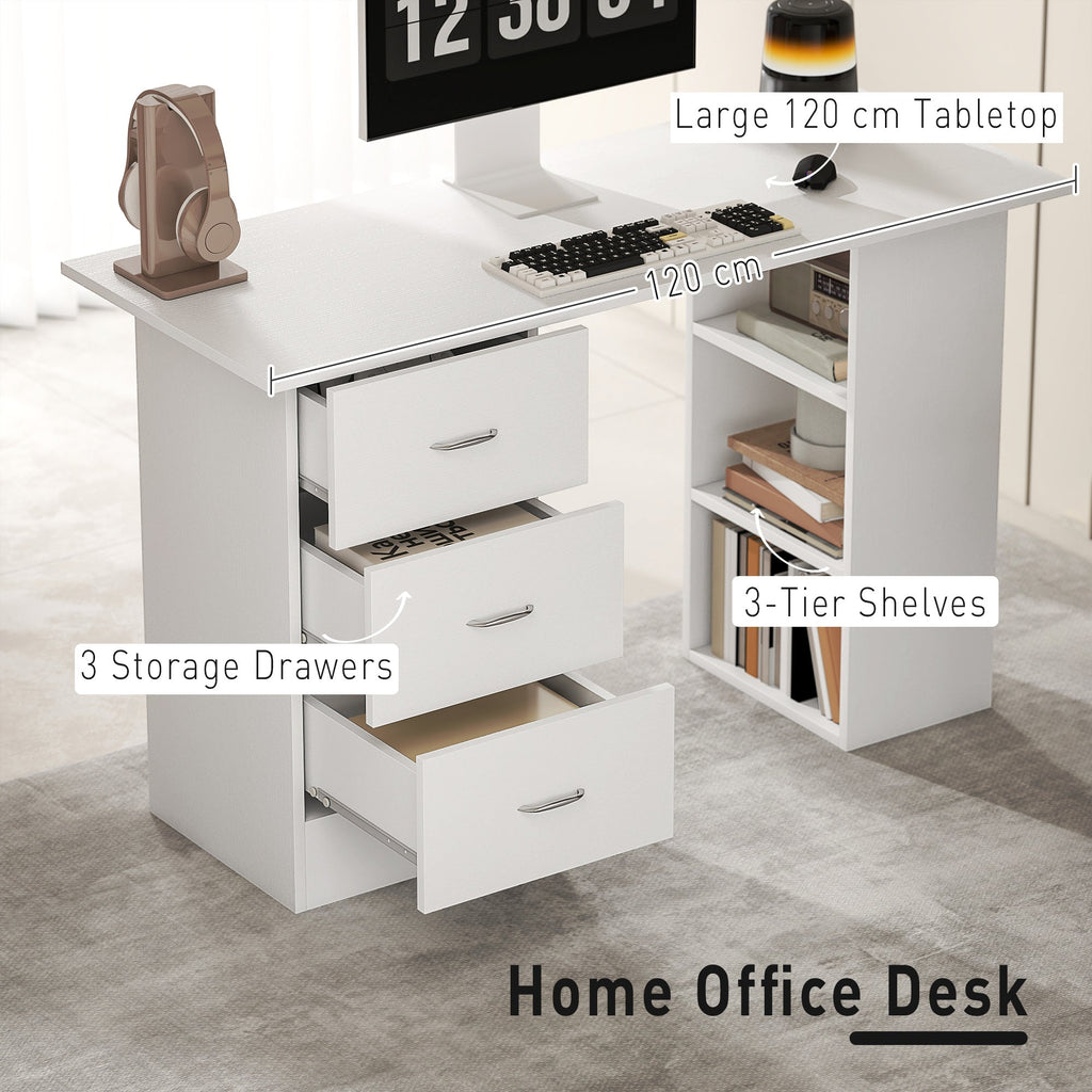 Computer Desk, Writing Table, PC Workstation with 3 Storage Shelves and Drawers, Silver Handle, for Home Office, White