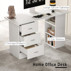 Computer Desk, Writing Table, PC Workstation with 3 Storage Shelves and Drawers, Silver Handle, for Home Office, White