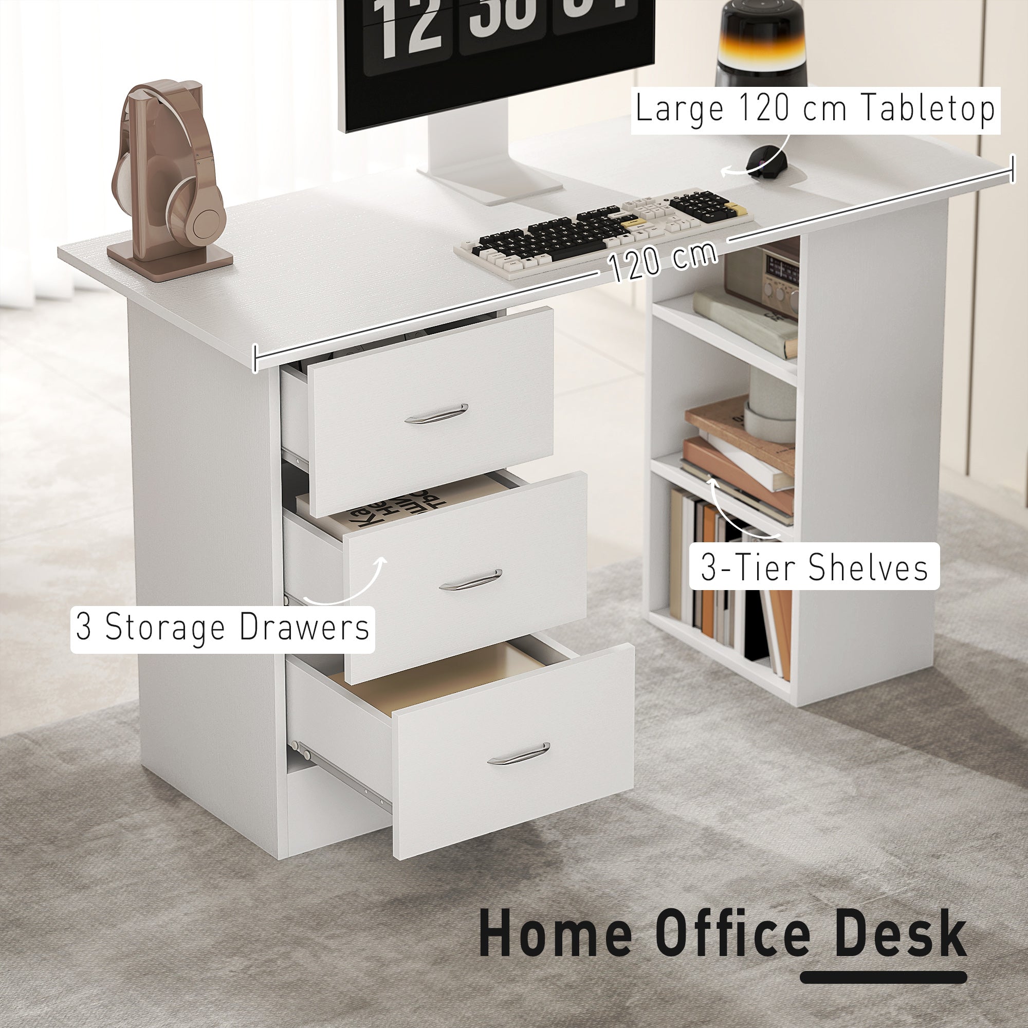 Computer Desk, Writing Table, PC Workstation with 3 Storage Shelves and Drawers, Silver Handle, for Home Office, White