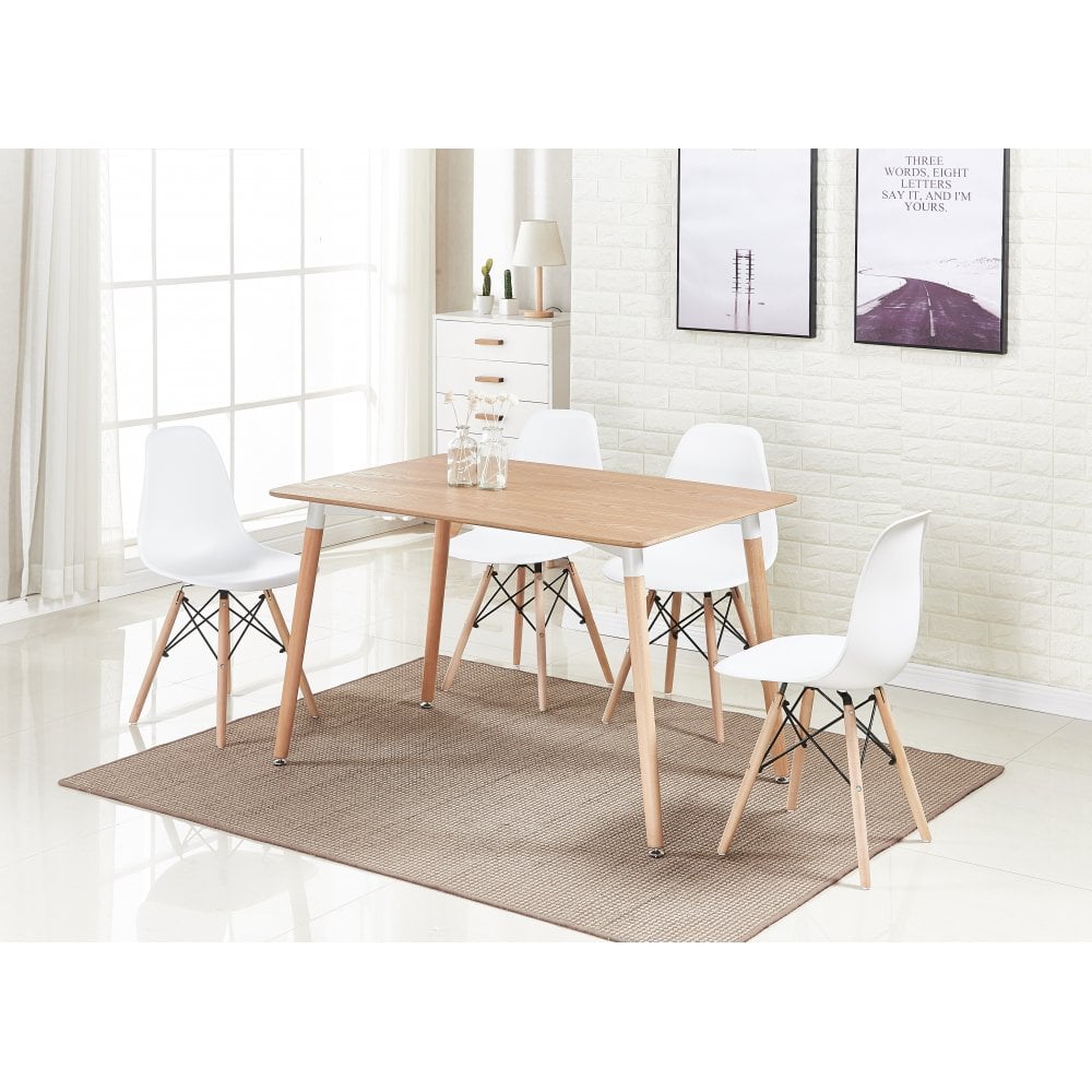 Dining Table and Ghost Chair Set for 4 - Eiffel Plastic Chairs and a Rectangle Dining Table White Oak