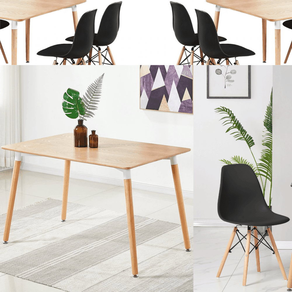 Dining Table and Ghost Chair Set for 4 - Eiffel Plastic Chairs and a Rectangle Dining Table Black Oak