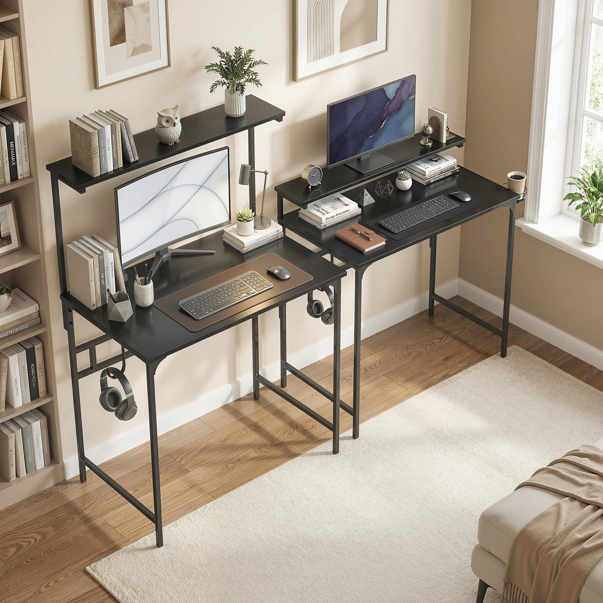 Computer Desk, 80cm Home Office Study Table with Hutch Shelf, Cup Holder, Headphone Hook, Black