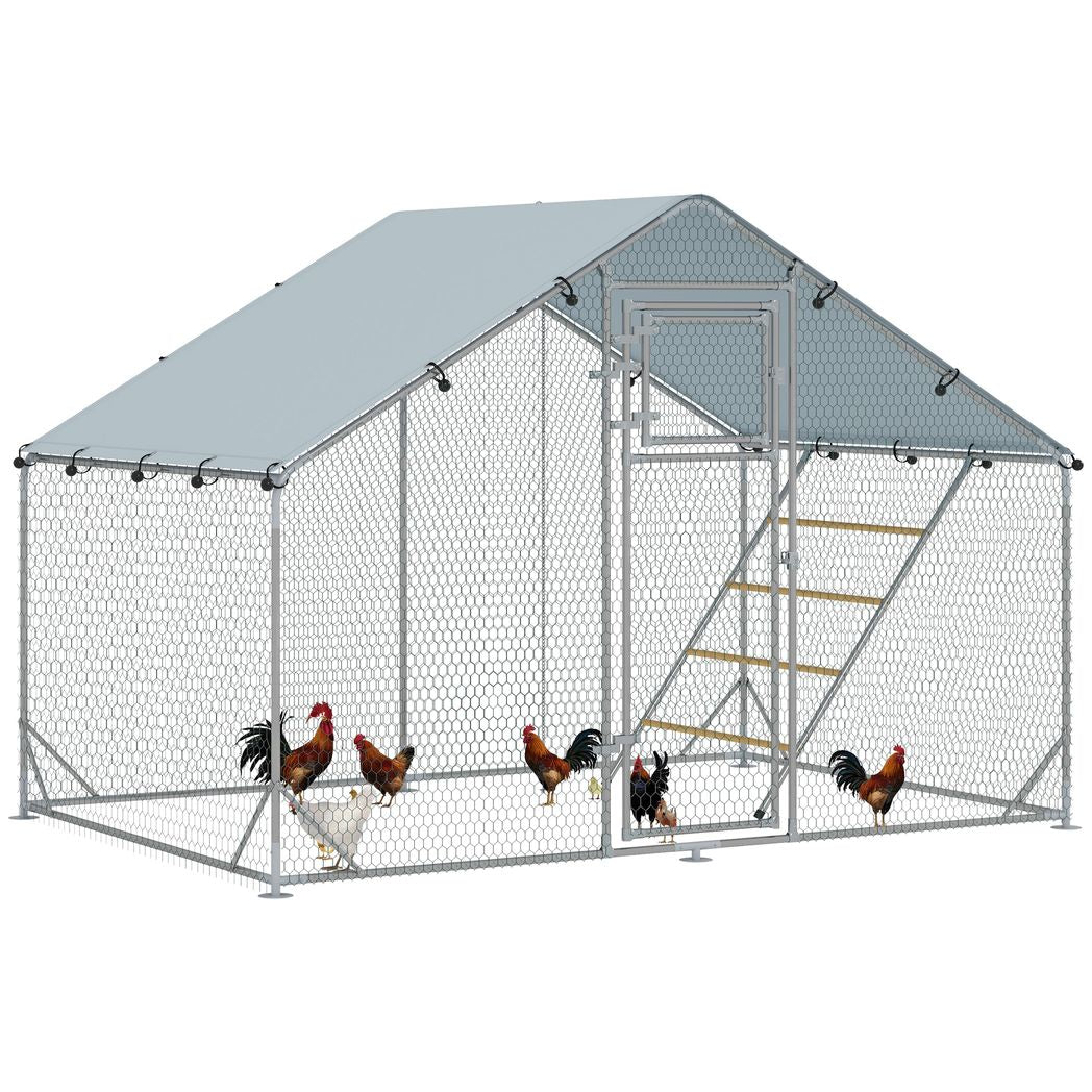 Walk in Chicken Run w/ Cover, Hanging Feeder, Perch, for 6-8 Chickens