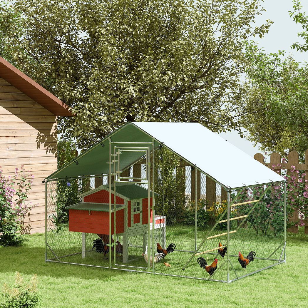 Walk in Chicken Run w/ Cover, Hanging Feeder, Perch, for 6-8 Chickens
