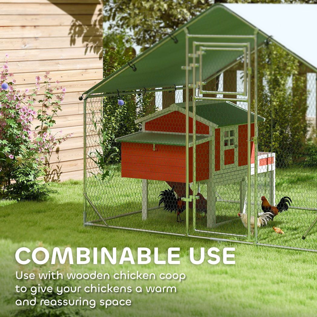 Walk in Chicken Run w/ Cover, Hanging Feeder, Perch, for 6-8 Chickens