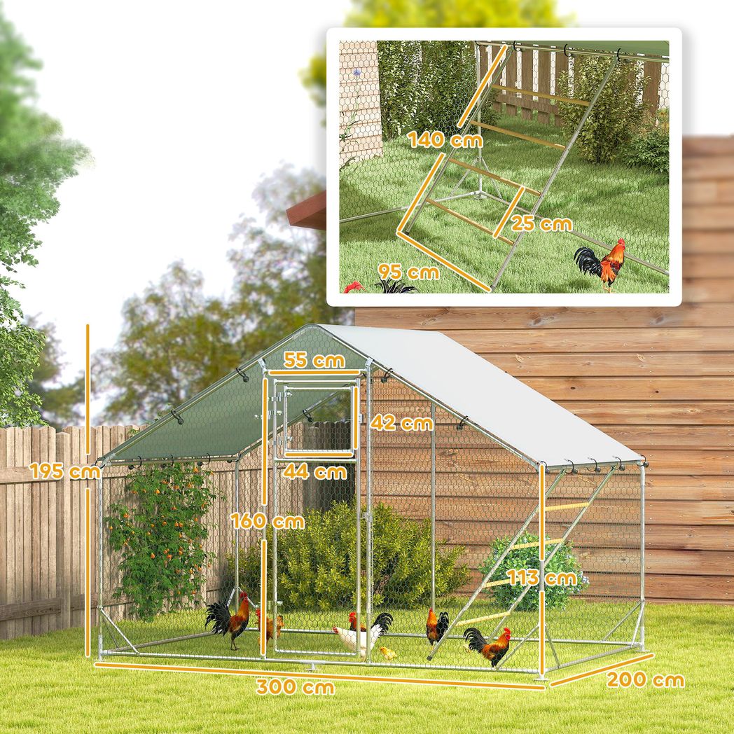 Walk in Chicken Run w/ Cover, Hanging Feeder, Perch, for 6-8 Chickens