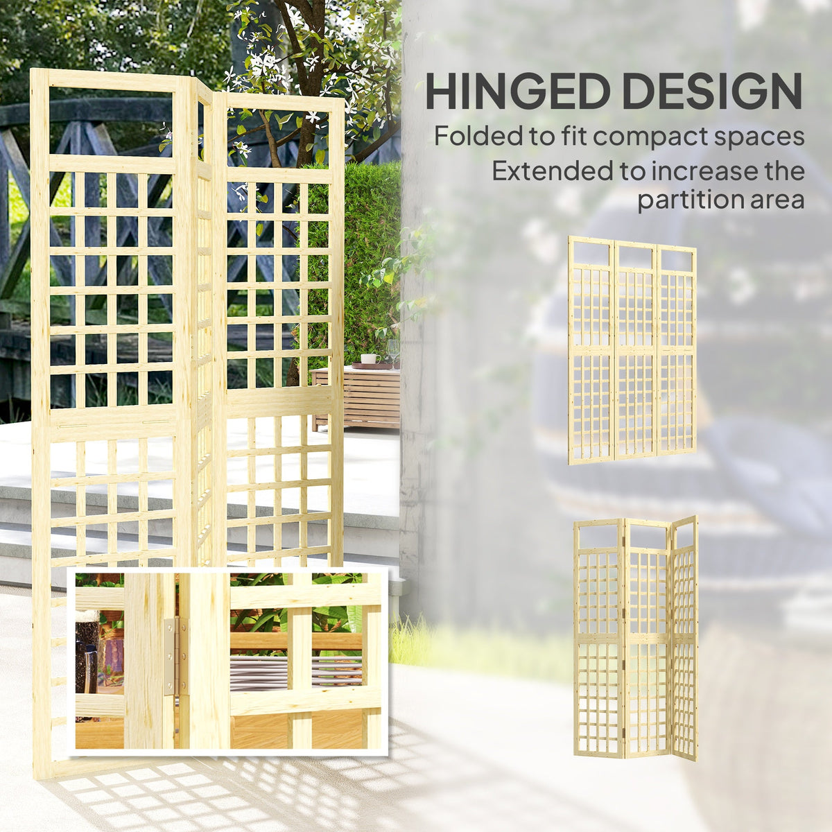 3-Panel Wooden Garden Privacy Screen, Natural Wood Finish