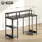 Computer Desk with Power Outlets and LED Lights, 120 x 50cm Reversible Home Office Desk with Monitor Stand and 2-Tier Storage Shelves, Gaming Desk with Cable Management, Black