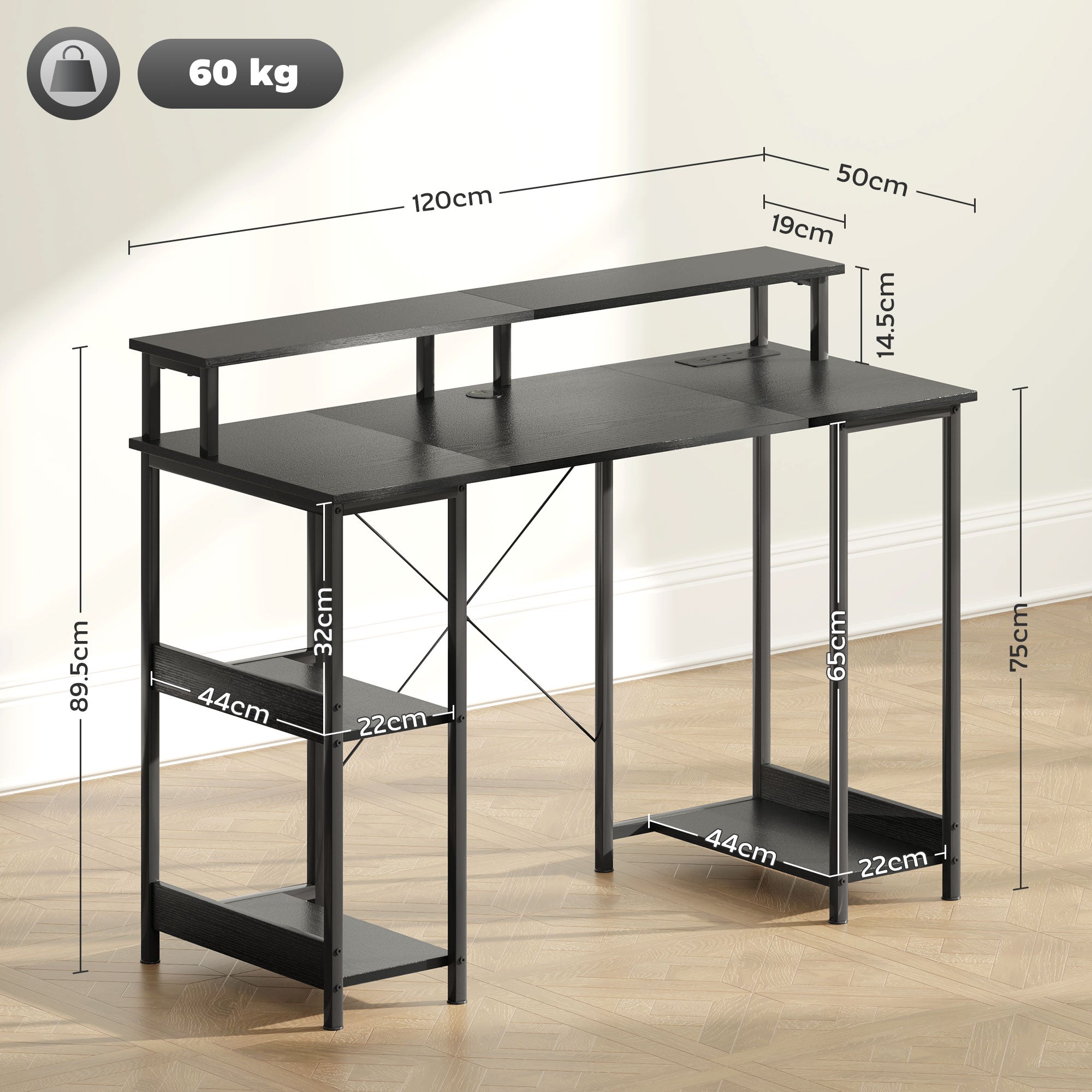 Computer Desk with Power Outlets and LED Lights, 120 x 50cm Reversible Home Office Desk with Monitor Stand and 2-Tier Storage Shelves, Gaming Desk with Cable Management, Black