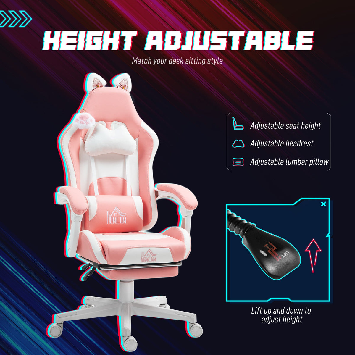 Gaming Chair with Footrest, Reclining Computer Chair, Pink