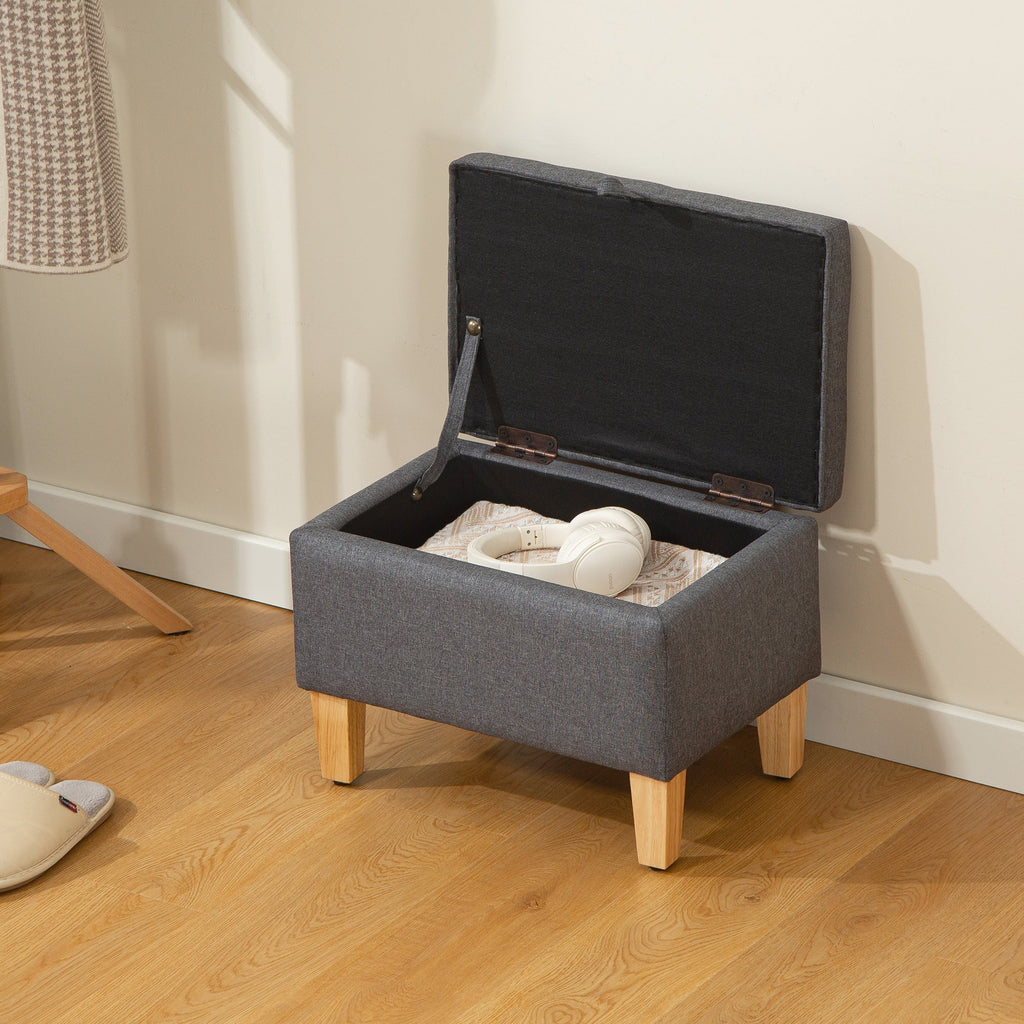 16L Linen Storage Ottoman Padded Footstool with Rubberwood Legs, Charcoal Grey