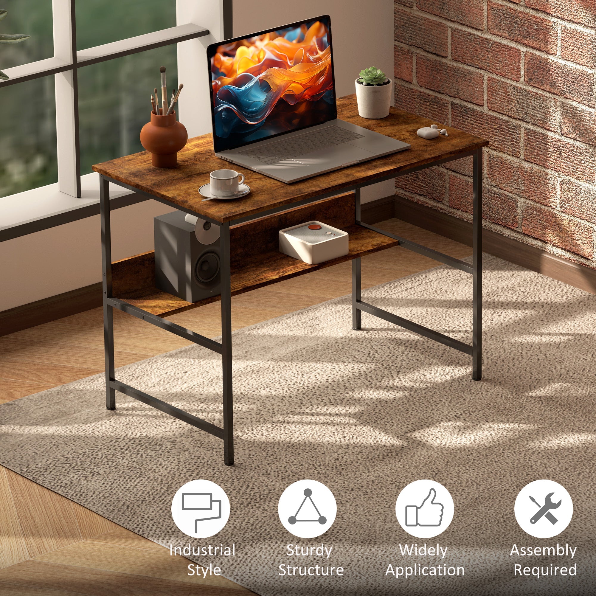 2-Tier Computer Desk, 100 x 60 cm, Rustic Brown