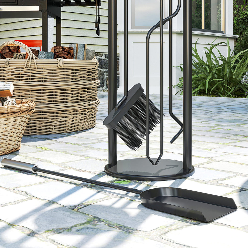 5 Piece Fireplace Tools Set, Metal Fireplace Accessories with Broom, Shovel, Poker, Tongs & Stand, Silver