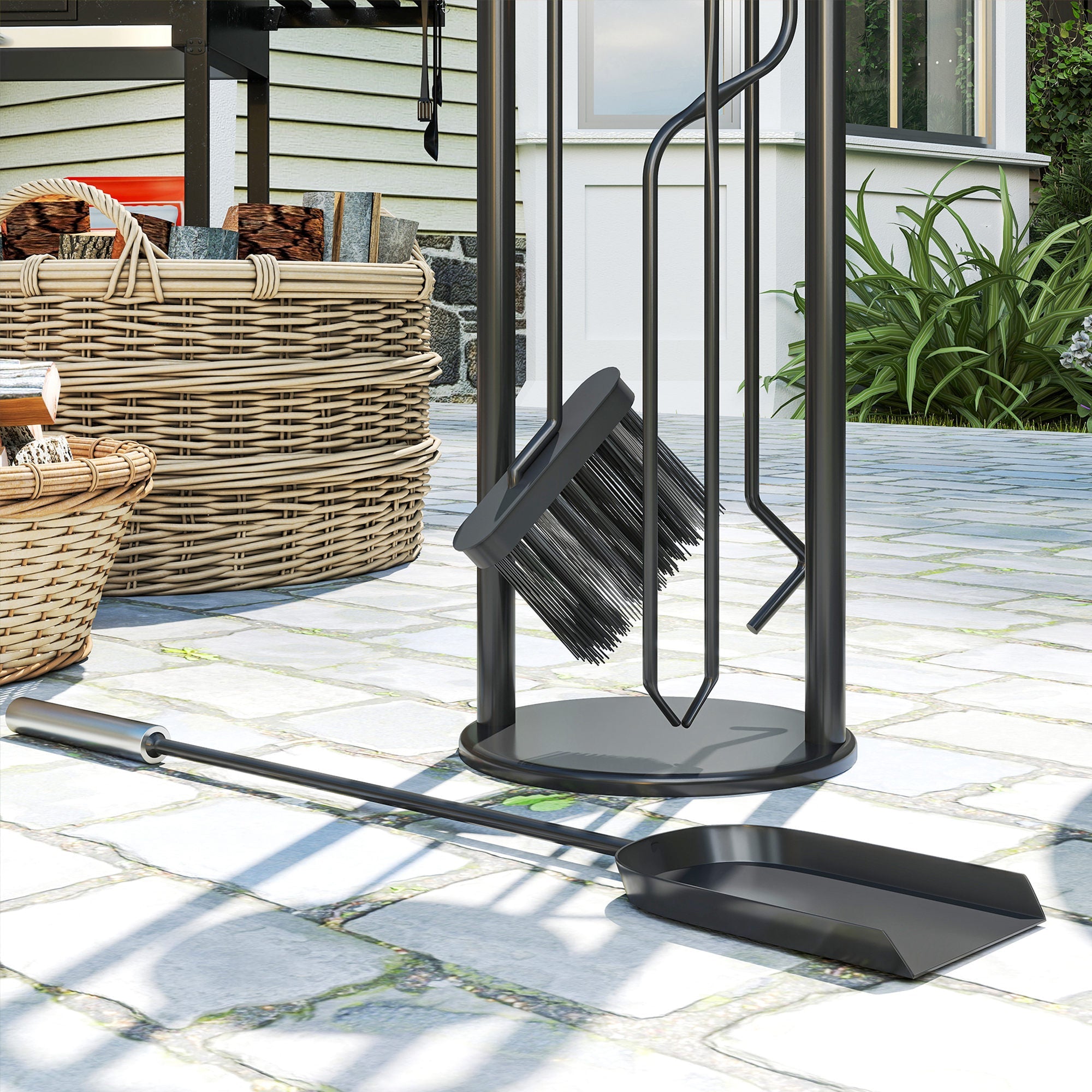 5 Piece Fireplace Tools Set, Metal Fireplace Accessories with Broom, Shovel, Poker, Tongs & Stand, Silver