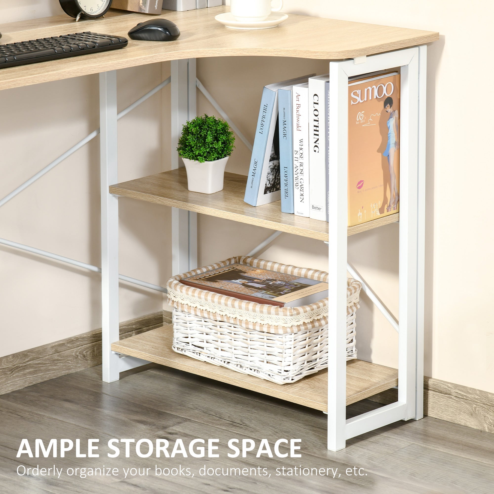 Folding Desk, L Shaped Desk, Corner Computer Desk with 2-Tier Storage Shelf for Home Office, Study Room, Workstation, Easy Assembly, 120 x 72.5 x 76.5cm, Oak Tone
