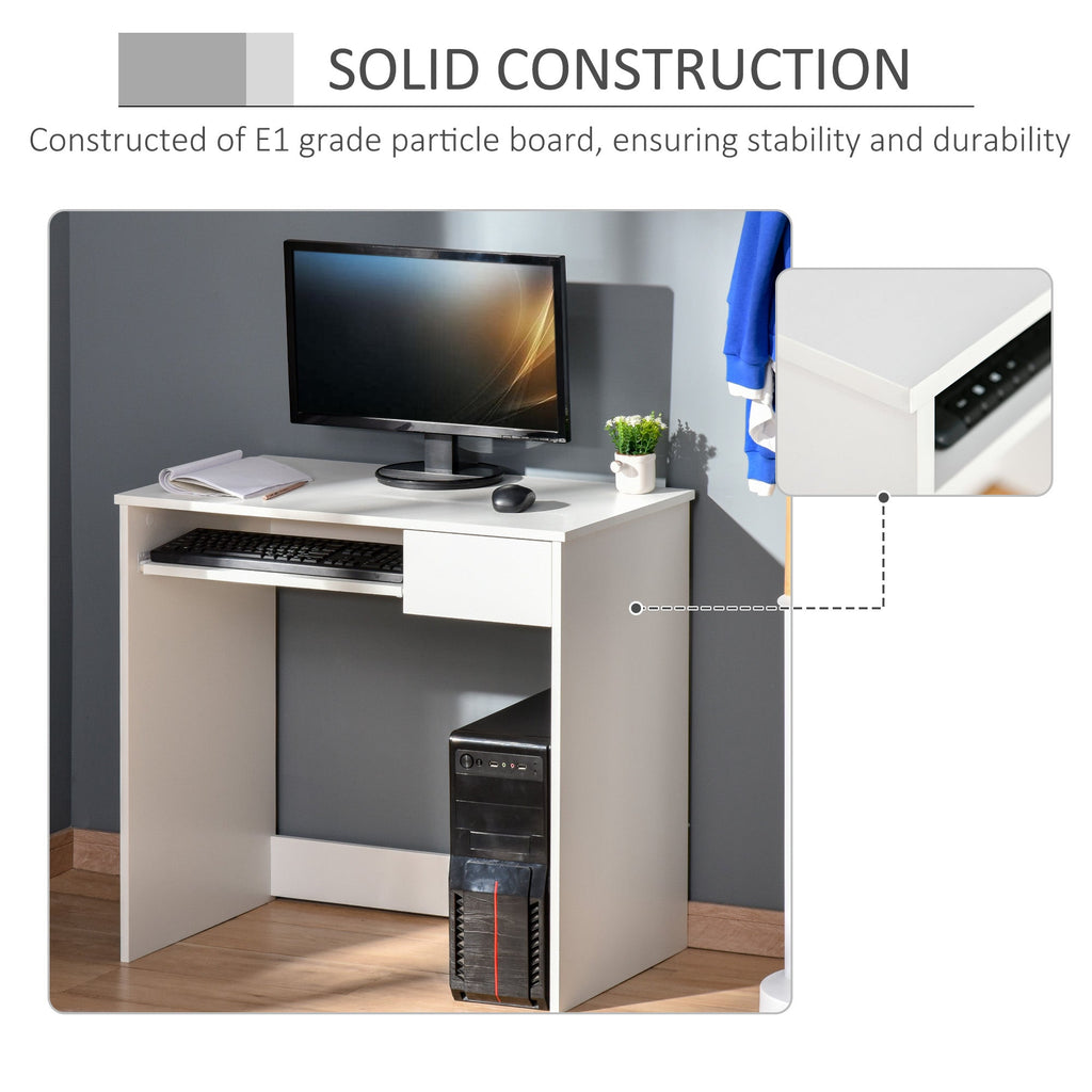Compact Computer Desk with Keyboard Tray, Home Office Desk with Drawer for Bedroom Study, White