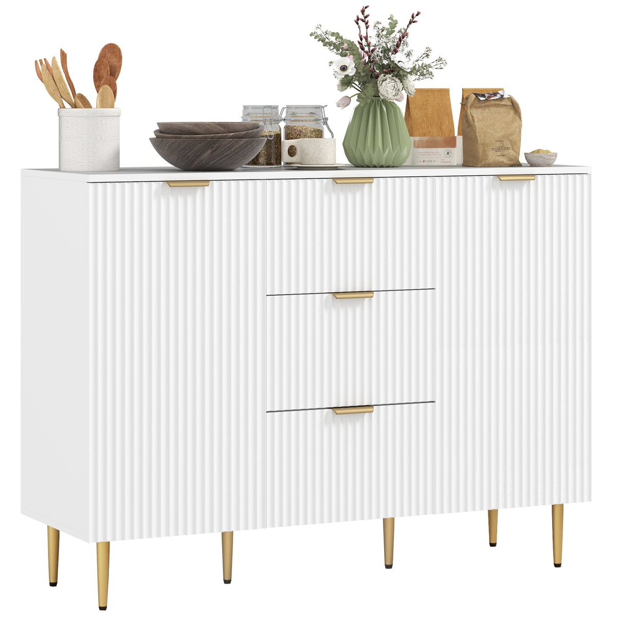Sideboard Buffet Cabinet w/ 3 Drawers and Adjustable Shelves, White