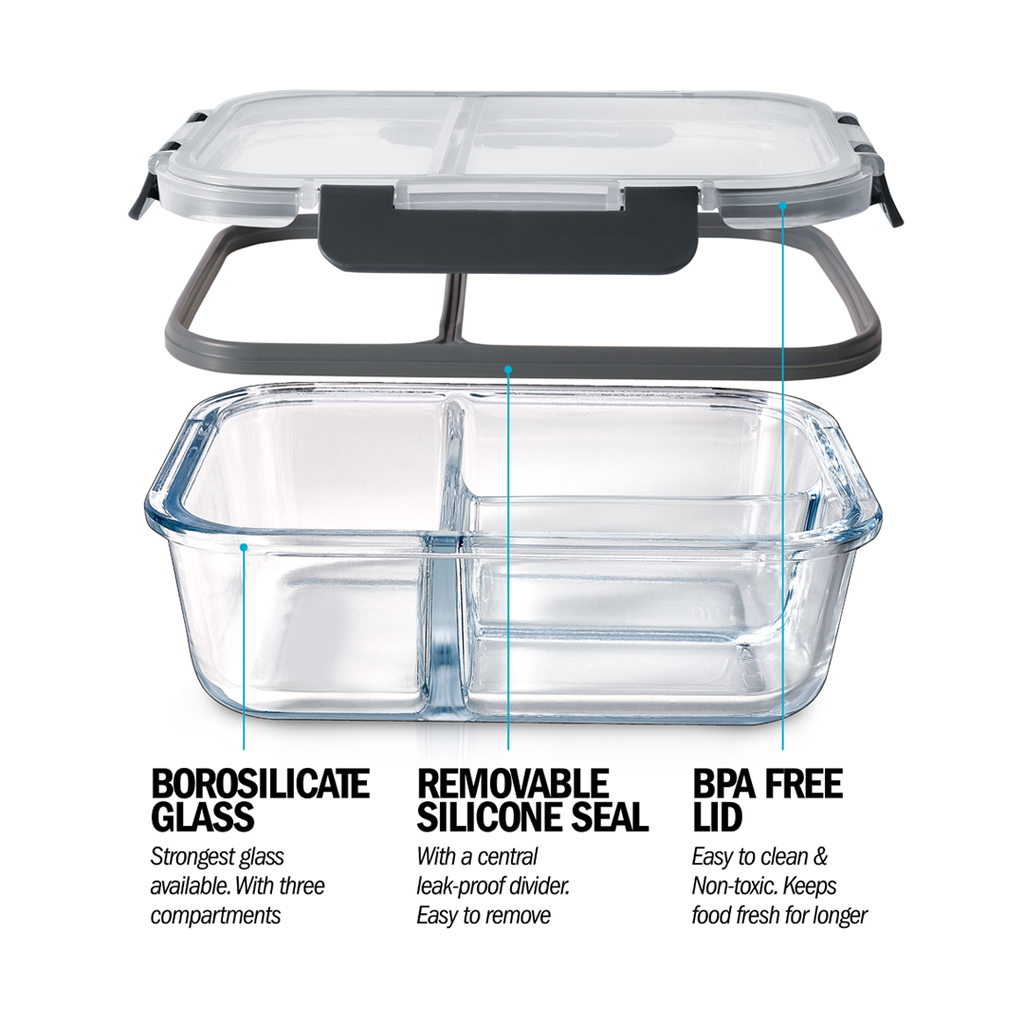 3-Compartment Glass Containers with Airtight Lids 980ml 3 Pack