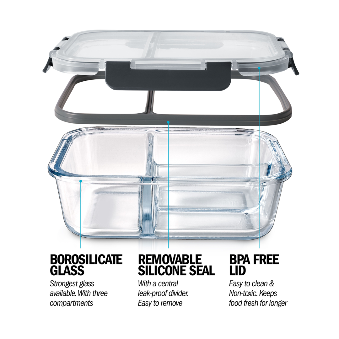 3-Compartment Glass Containers with Airtight Lids 980ml 3 Pack