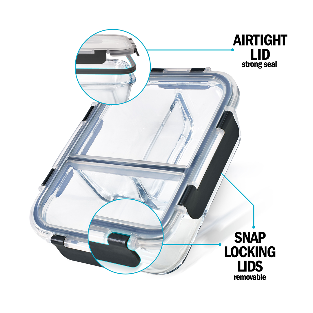 3-Compartment Glass Containers with Airtight Lids 980ml 3 Pack