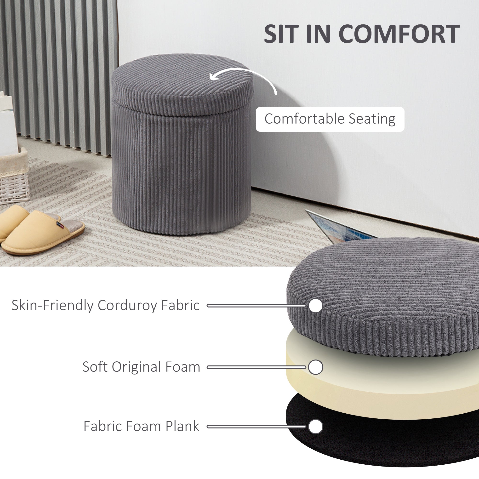 40cm Round Storage Ottoman, Corduroy Footstool with Removable Lid and Legs, Grey