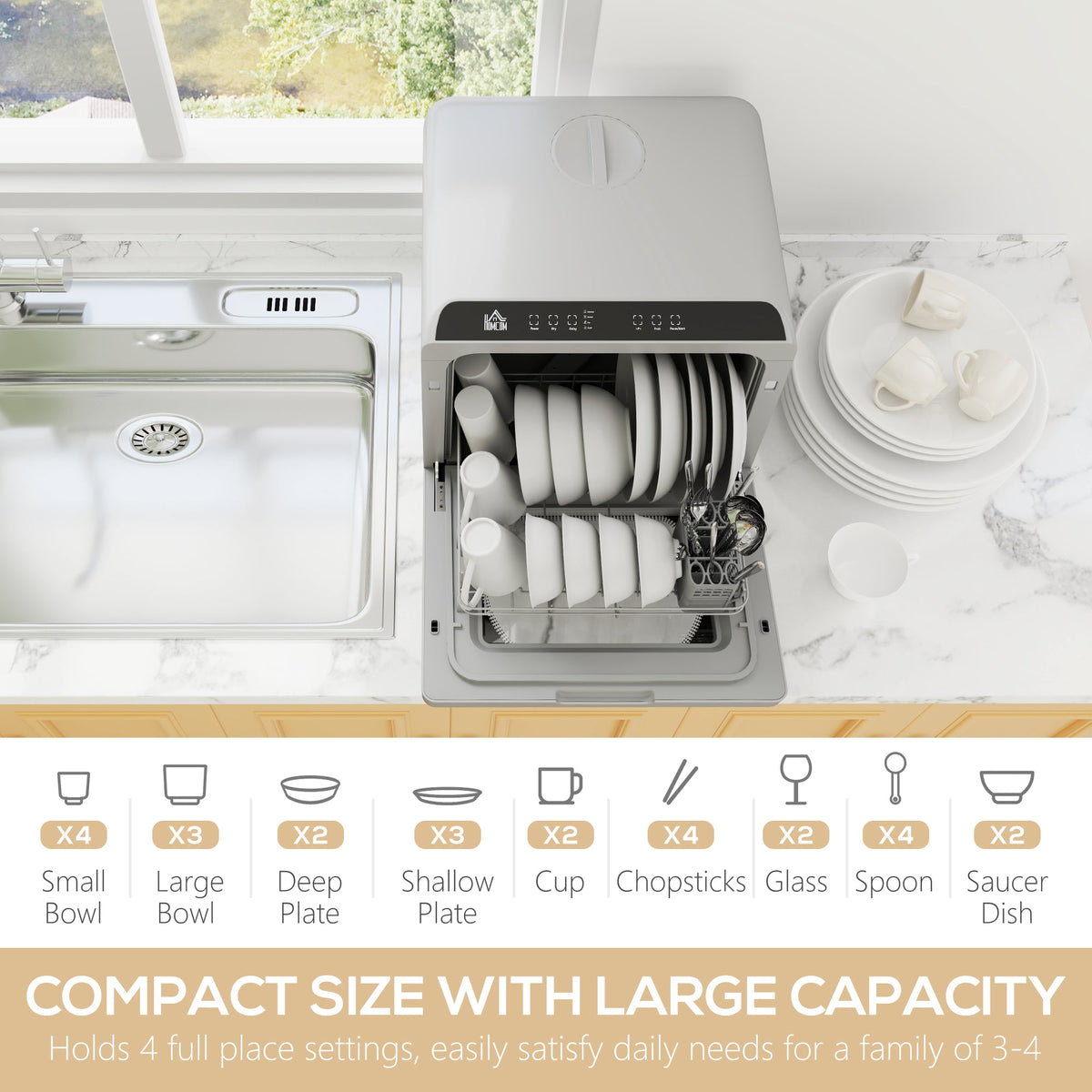Worktop Dishwasher w/ 4 Place Settings 6 Programs, Silver Tone