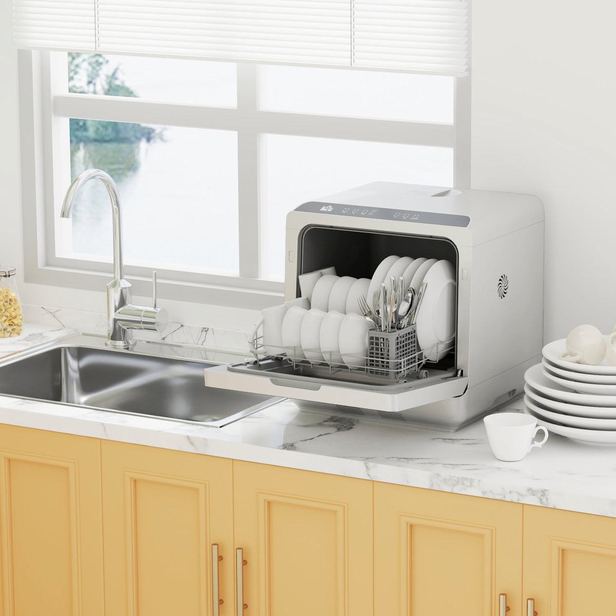 Worktop Dishwasher w/ 4 Place Settings 6 Programs, Silver Tone