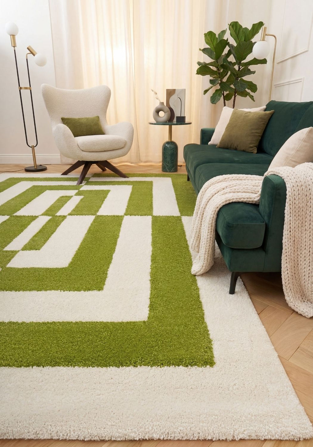 Joli Geometric Green & White Rug